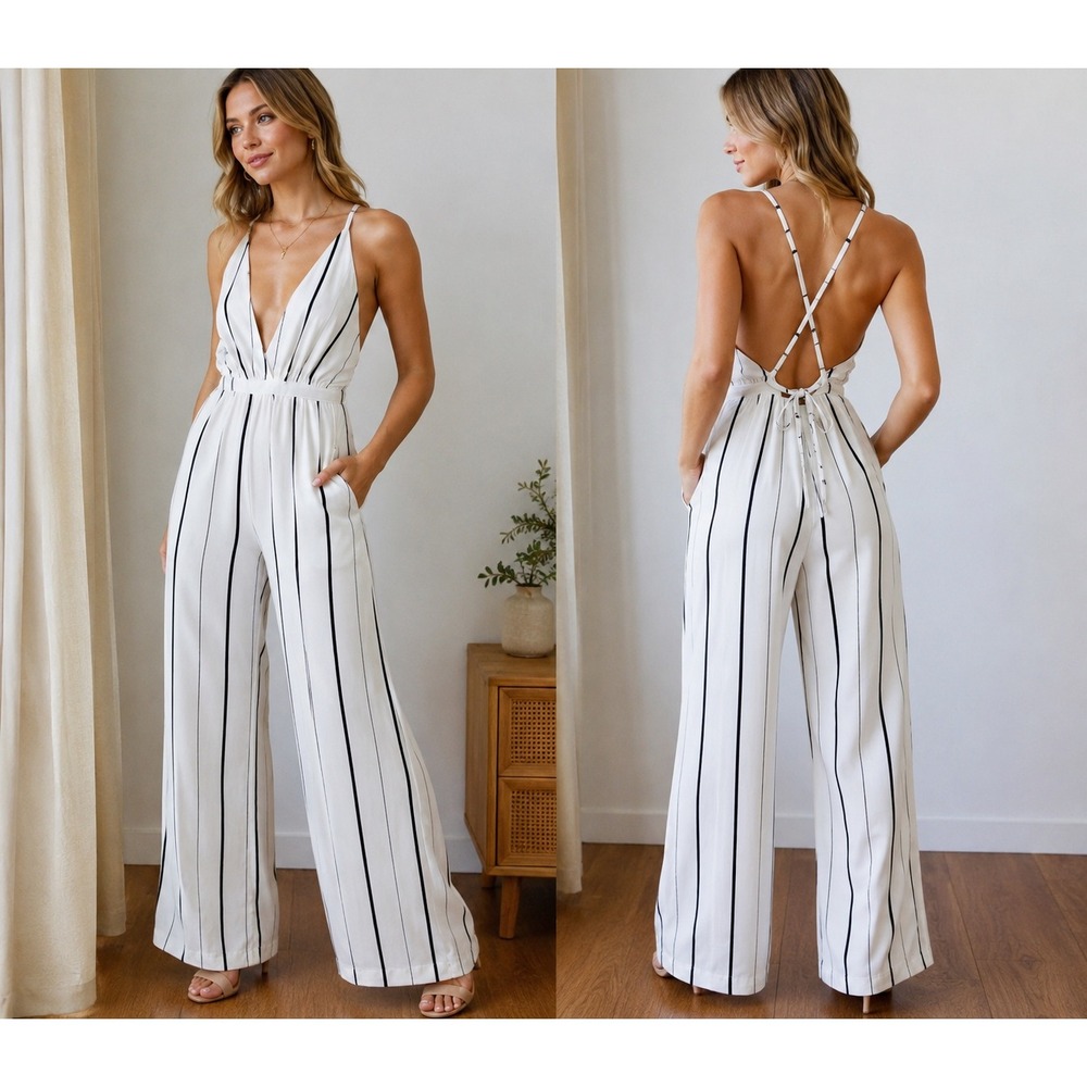 Boohoo White Black Stripe Wide Leg Jumpsuit Open Back Tie Romper US 6